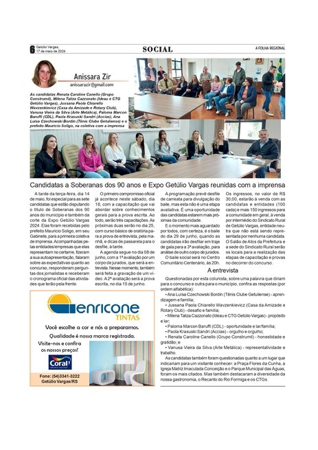 COLUNA SOCIAL - Anissara Zir / Páginas 06 e 07 da edição  de 17 de maio de 2024.