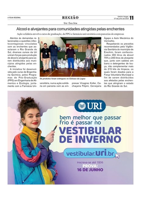 Educação - Uri Erechim - Alcool e alvejantes para comunidades atingidas pelas enchentes