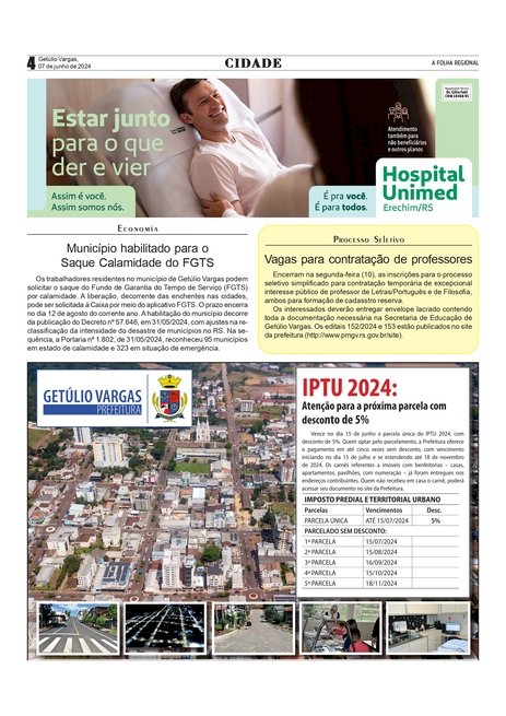 Getúlio Vargas - Município habilitado para o Saque Calamidade do FGTS /  Vagas para contratação de professores
