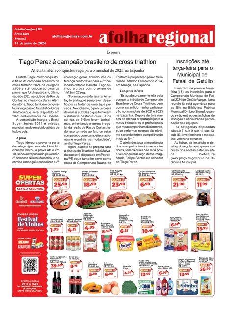 ESPORTE -  Inscrições até terça-feira para o Municipal de Futsal de Getúlio /  Tiago Perez é campeão brasileiro de cross triathlon.