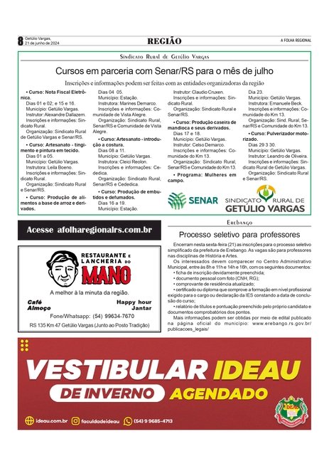 Sindicato Rural de Getúlio Vargas - Cursos em parceria com Senar/RS para o mês de julho /  Erebango - Processo seletivo para professores