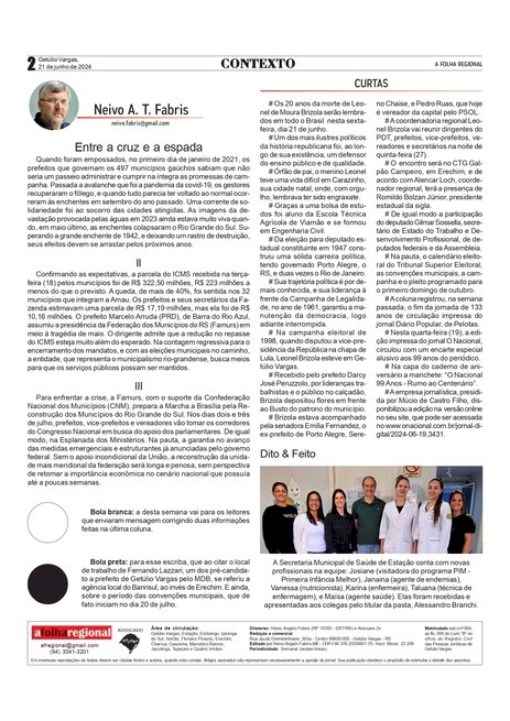 Entre a cruz e a espada / Neivo A T Fabris - Coluna da edição do dia 21 de junho de 2024. Página 02.