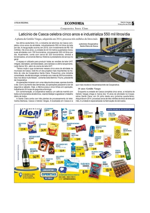 Cooperativa Santa Clara - Laticínio de Casca celebra cinco anos e industrializa 550 mil litros/dia