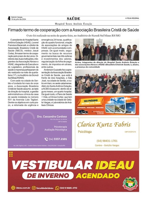 Hospital Santo Antônio Estação - Firmado termo de cooperação com a Associação Brasileira Cristã de Saúde