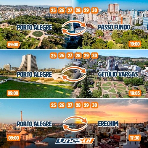 UNESUL OFERECE SUPER DESCONTO nas Poltronas Laranjas para viajar de Porto Alegre à Passo Fundo - Getúlio Vargas - Erechim