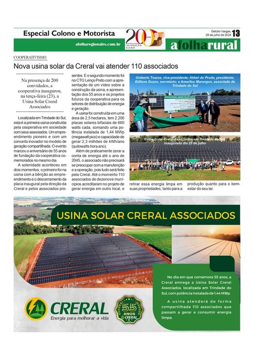 Nova usina solar da Creral vai atender 110 associados