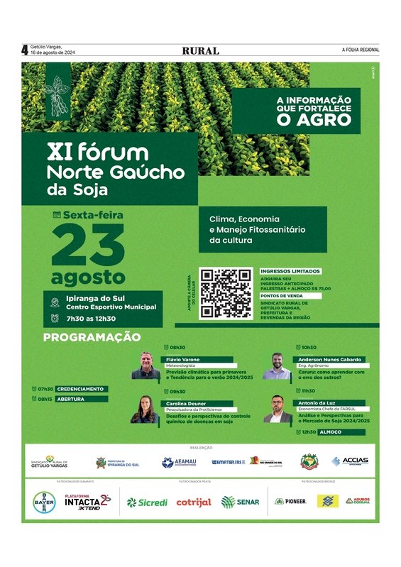 XI  Fórum Norte Gaúcho da Soja será na próxima sexta-feira (23), em Ipiranga do Sul.. Inscrições para evento ainda podem ser feitas
