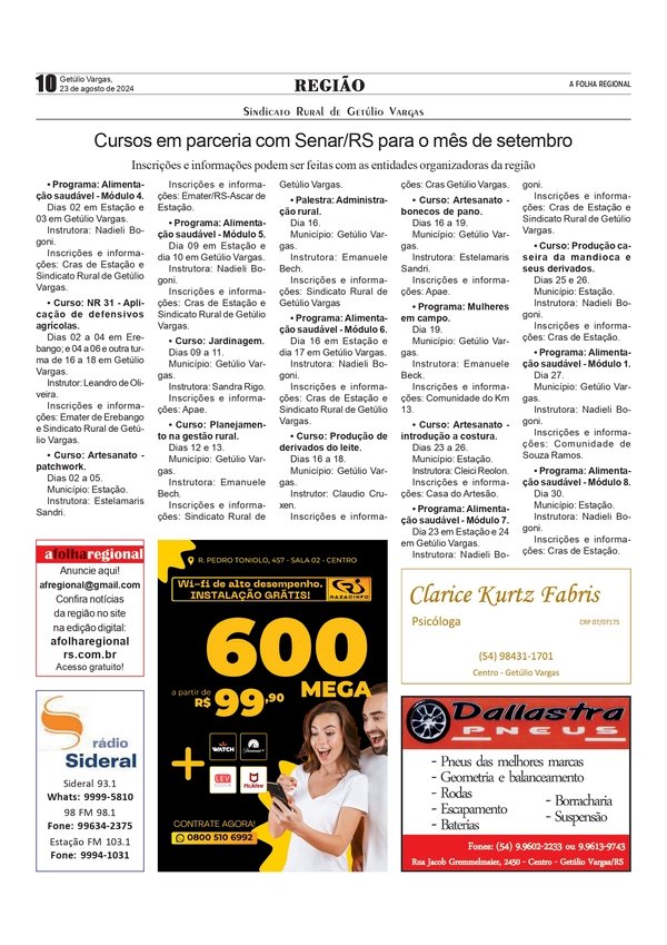 Sindicato Rural de Getúlio Vargas -  Cursos em parceria com Senar/RS para o mês de setembro
