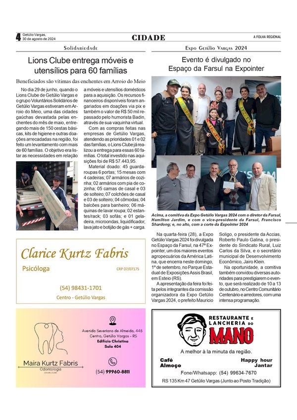 Lions Clube entrega móveis e utensílios para 60 famílias /  Expo Getúlio Vargas divulgado no Espaço da Farsul na Expointer