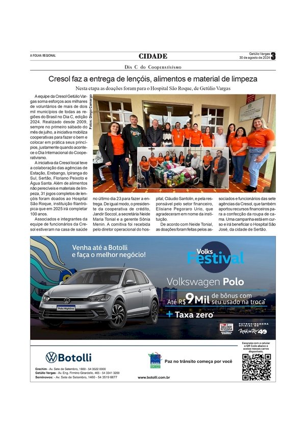 Cresol faz a entrega de lençóis, alimentos e material de limpeza ao Hospital São Roque