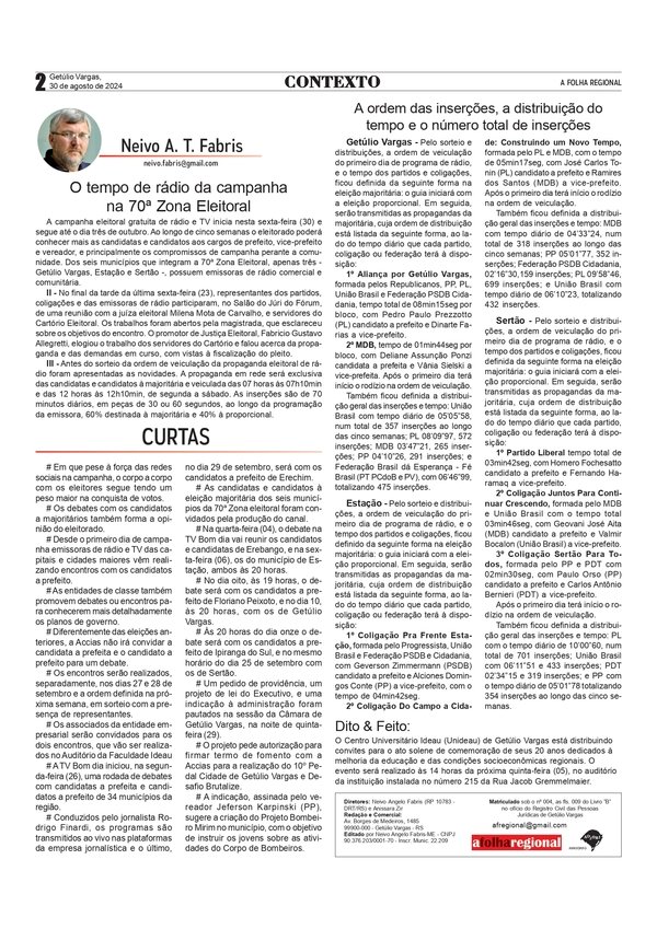 Candidatos a prefeita e prefeito da 70ª Zona Eleitoral convidados para debate na TV – CONTEXTO, por Neivo A T Fabris
