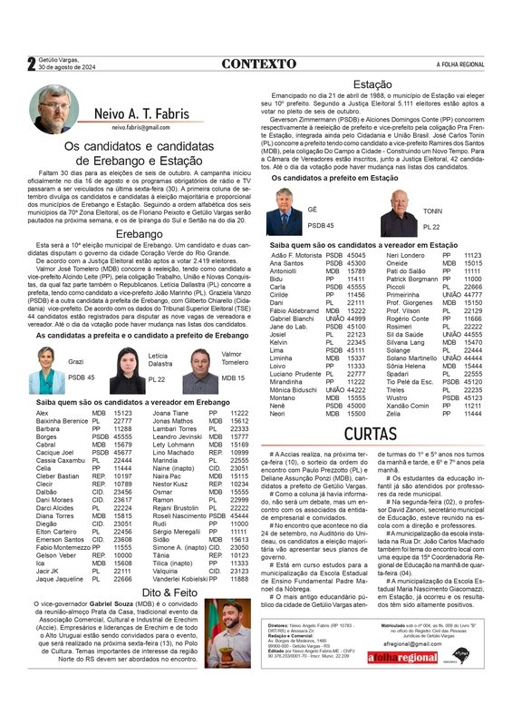 Saiba quais  são os candidatos em Erebango e Estação - Coluna Contexto, por Neivo A T Fabris