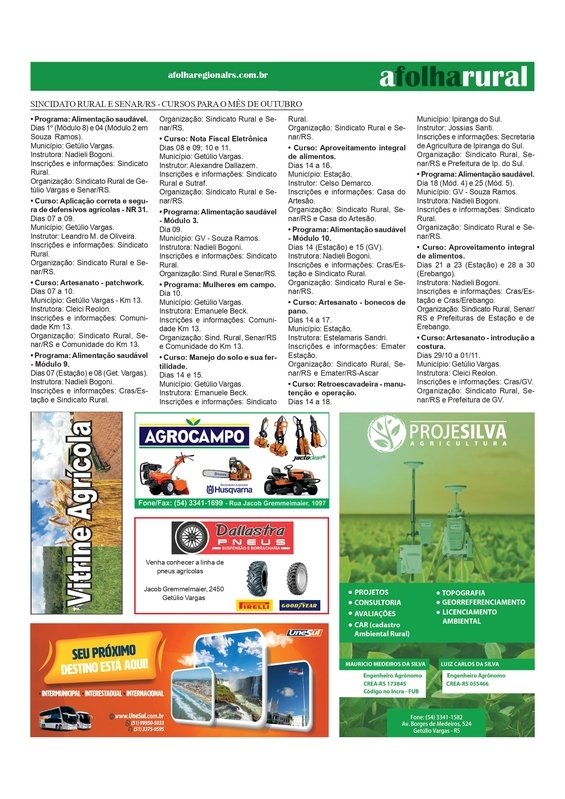 A Folha Rural -  Expo Getúlio Vargas 2024 - Feira tomando forma /  Sindicato Rural e Senar/RS - Cursos para o mês de outubro