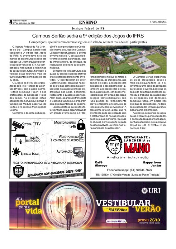 Instituto Federal do RS - Campus Sertão sedia a 9ª edição dos Jogos do IFRS