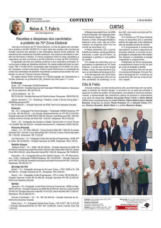 Receita s e despesas dos candidatos a prefeito da região. Coluna Contexto , por Neivo A T Fabris