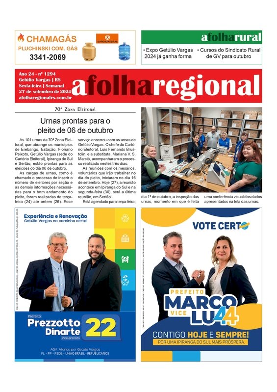 A Folha Regional, Ano 24, nº 1294. Getúlio Vargas RS, 27 de setembro de 2024.