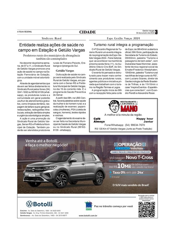 Sindicato Rural - Entidade realiza ações de saúde no campo em Estação e Getúlio Vargas / Expo Getúlio Vargas 2024 / Turismo rural integra a programação