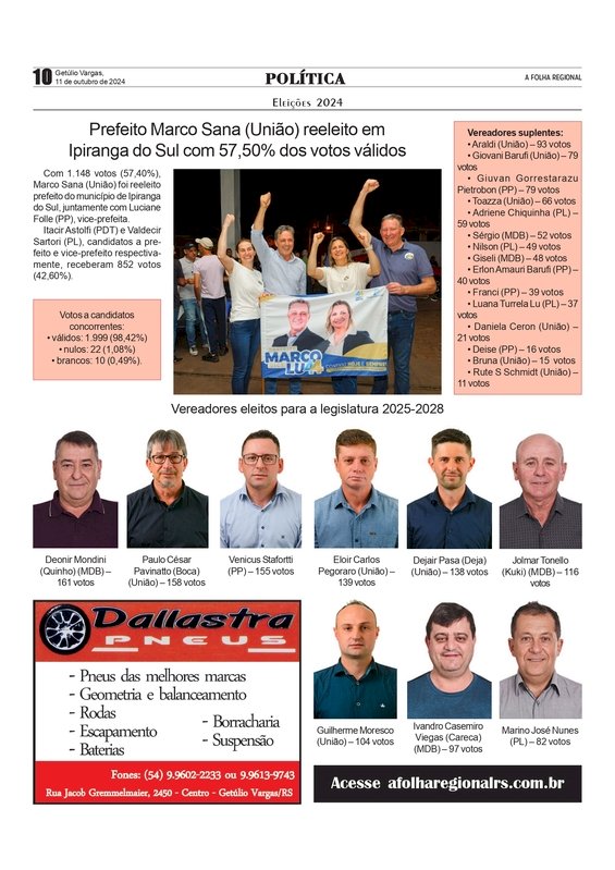 Eleições 2024 - Prefeito Marco Sana (União) reeleito em Ipiranga do Sul com 57,50% dos votos válidos