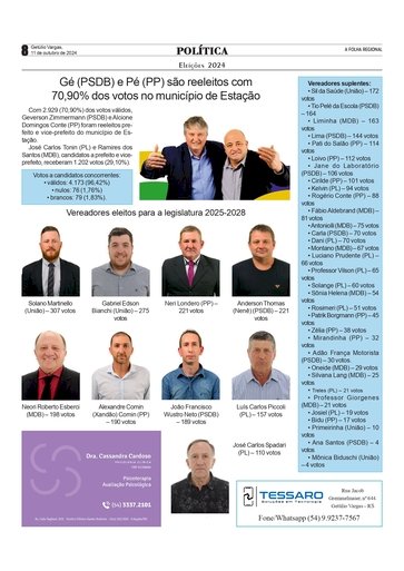 Eleições 2024 - Gé (PSDB) e Pé (PP) são reeleitos com 70,90% dos votos no município de Estação