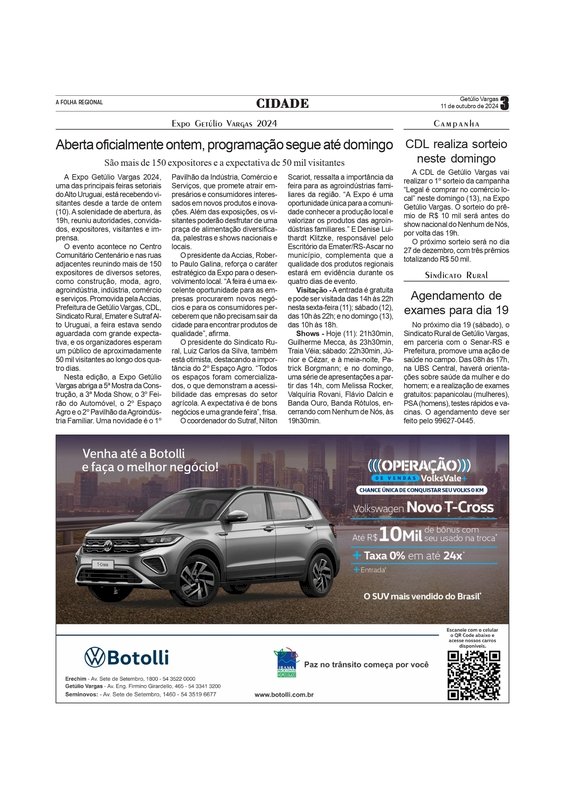 Expo Getúlio Vargas 2024 - Aberta oficialmente ontem, programação segue até domingo /  CDL realiza sorteio neste domingo /  Sindicato Rural - Agendamento de exames para dia 19