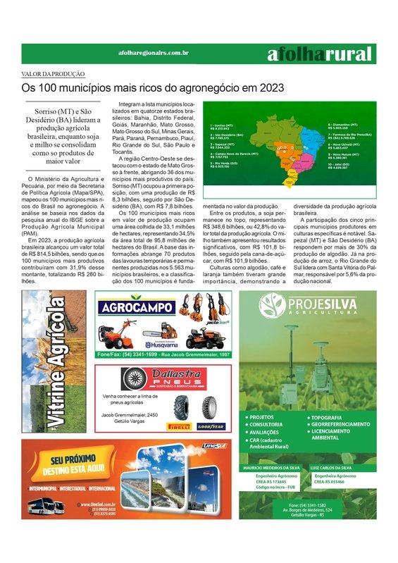 A Folha Rural – Os 100 maiores municípios do agronegócio / Sindicato Rural de Getúlio Vargas e Senar/RS promovem ações / Frinape 2024