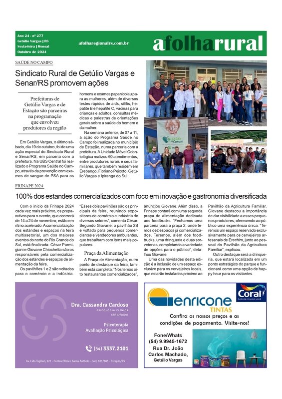 A Folha Rural – Os 100 maiores municípios do agronegócio / Sindicato Rural de Getúlio Vargas e Senar/RS promovem ações / Frinape 2024