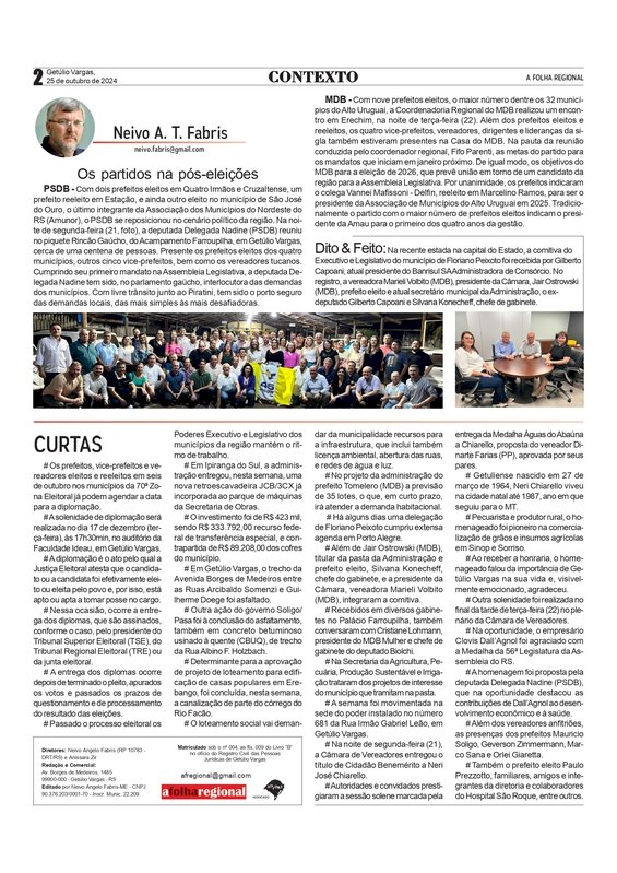 O pós-eleições – PSDB e MDB / Eleitos serão diplomados no dia 17/12 / Prefeituras e Câmaras em ritmo acelerado – Contexto,  por Neivo A T Fabris