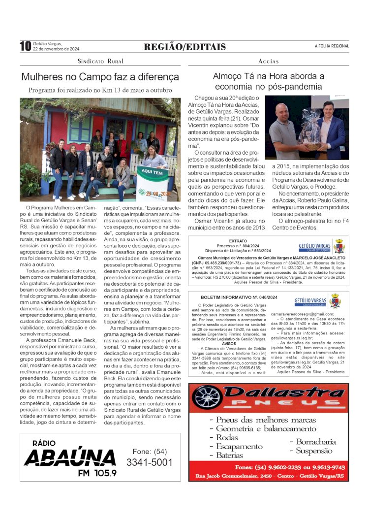 Sindicato Rural de Getúlio Vargas - Mulheres no Campo faz a diferença /  Accias - Almoço Tá na Hora aborda a economia no pós-pandemia