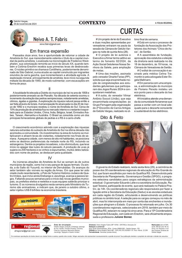 Em franca expansão / coluna Contexto, por Neivo A T Fabris - Edição de 29 de novembro de 2024.