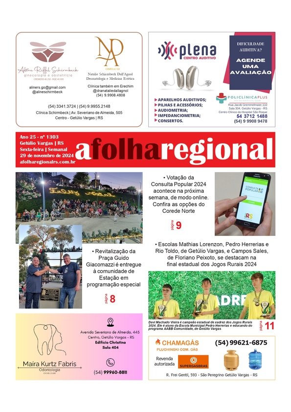 A Folha Regional. Ano 25, nº 1303. Getúlio Vargas RS, 29 de novembro de 2024.