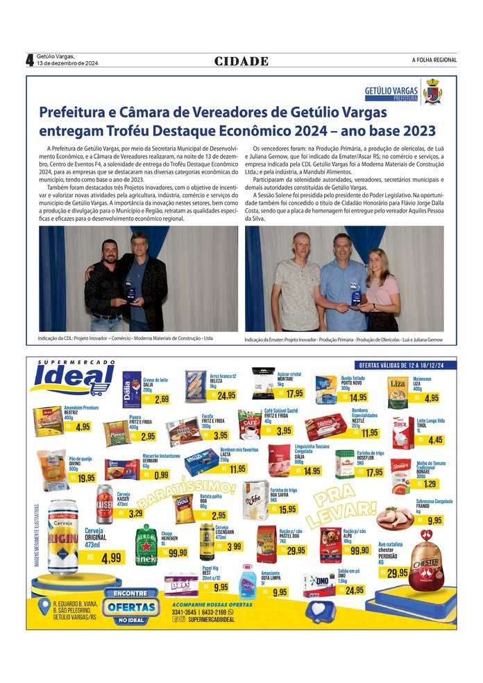 Prefeitura de Getúlio Vargas e Câmara de Vereadores entregam Troféu Destaque Econômico 2024 – ano base 2023