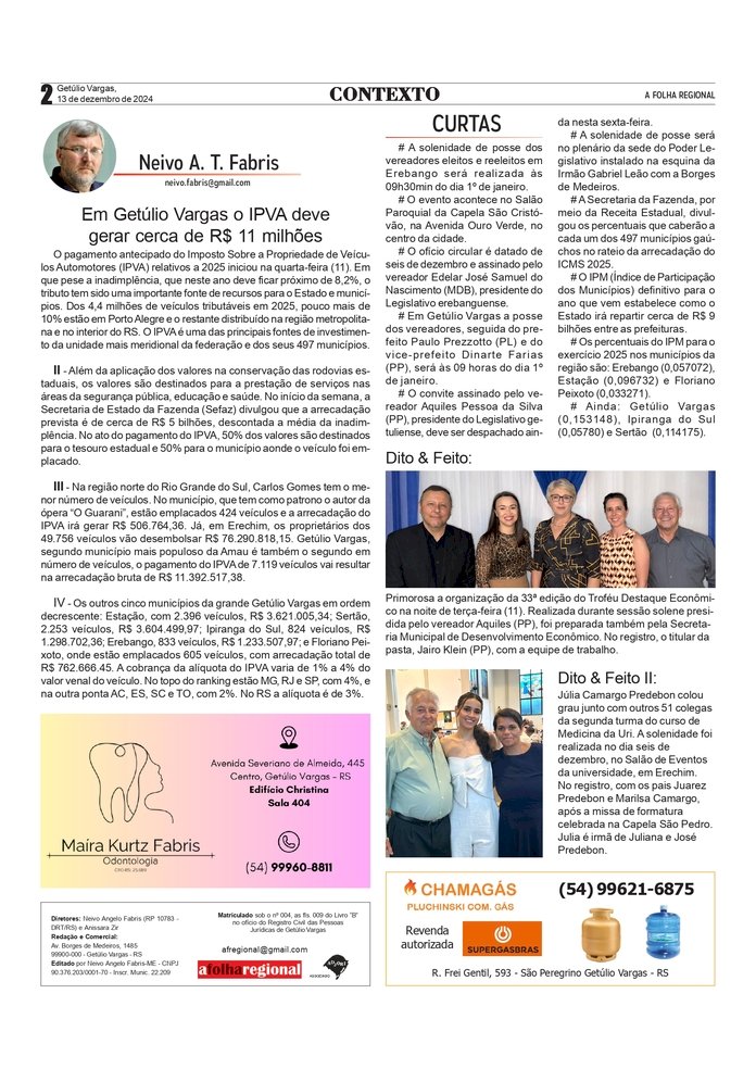 IPVA deve gerar cerca de R$ 22 milhões em Getúlio Vargas e cidades vizinhas. Contexto, por Neivo A T Fabris