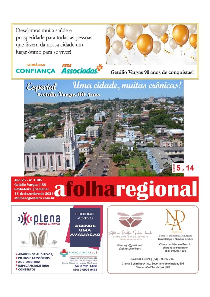 A Folha Regional - Especial 90 anos do município de Getúlio Vargas. Ano 25, nº 1305. Getúlio Vargas RS, 13 de dezembro de 2024.