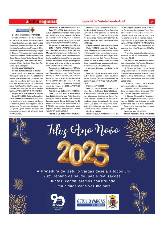 ESPECIAL NATAL 2024 - Boletim Informativo da Câmara de Vereadores de Getúlio Vargas.
