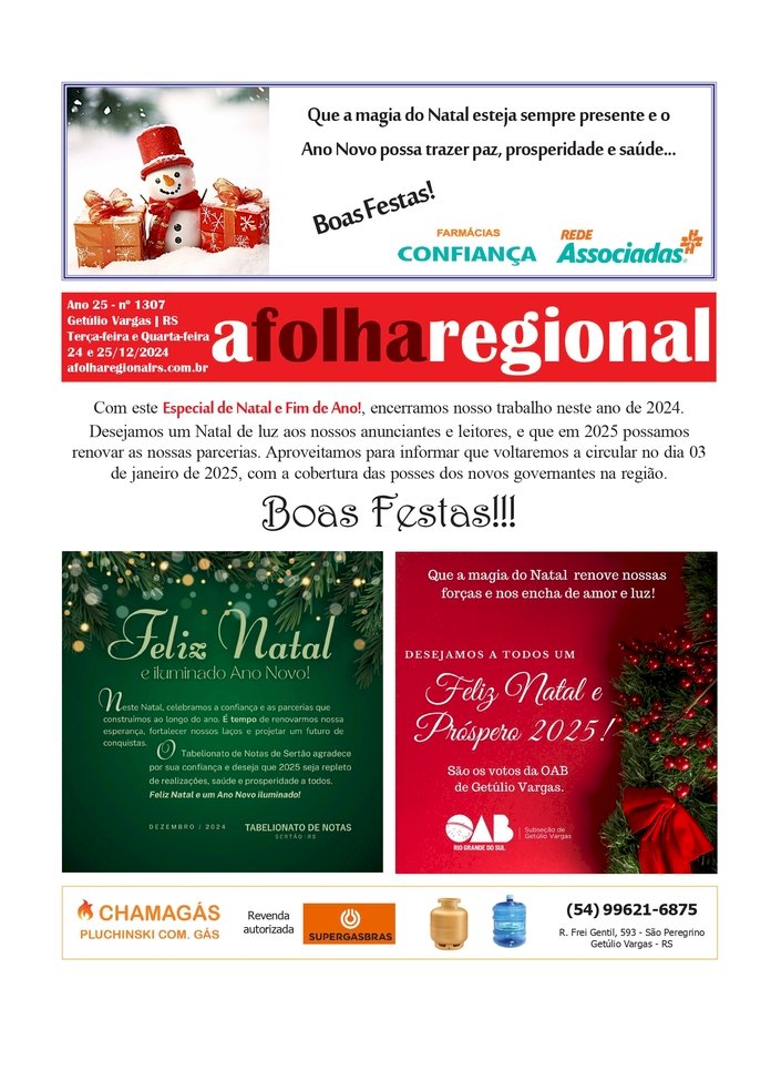 ESPECIAL NATAL 2024 - A Folha Regional. Ano 25, Nº 1.307. Getúlio Vargas RS, 24 e 25 de dezembro de 2024.