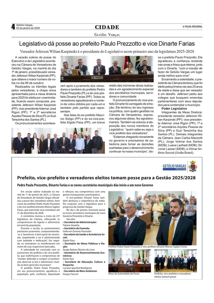 Getúlio Vargas - Legislativo dá posse ao prefeito Paulo Prezzotto e vice Dinarte Farias