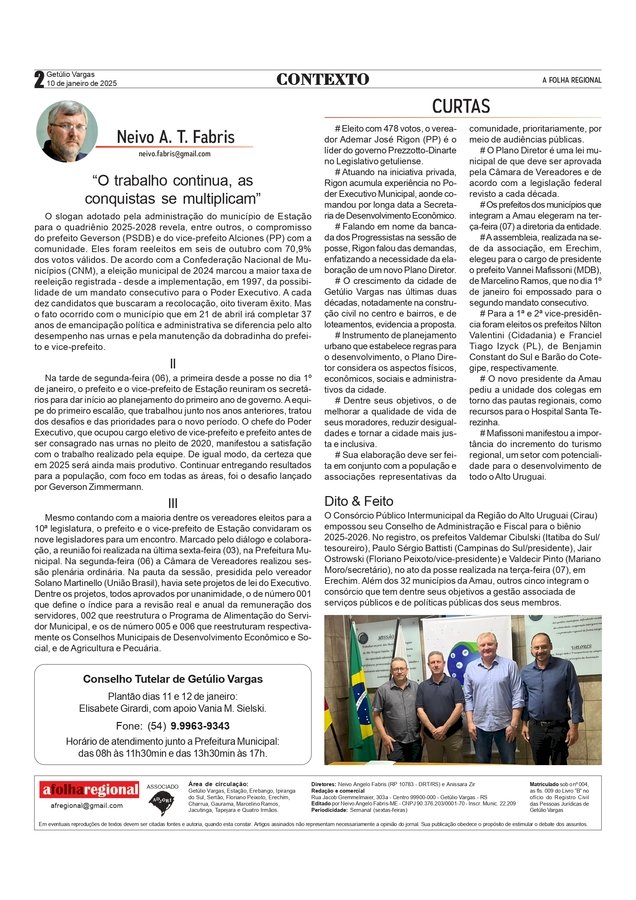 Trabalho e conquistas – Coluna Contexto / por Neivo A T Fabris.