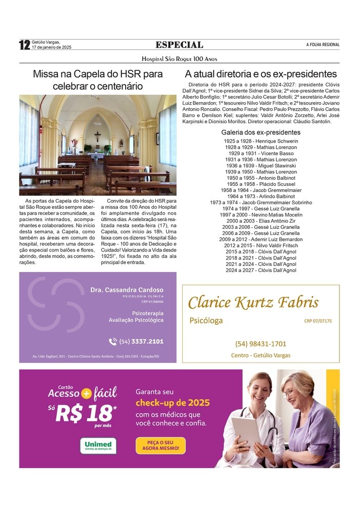 Missa na Capela do HSR para celebrar o centenário