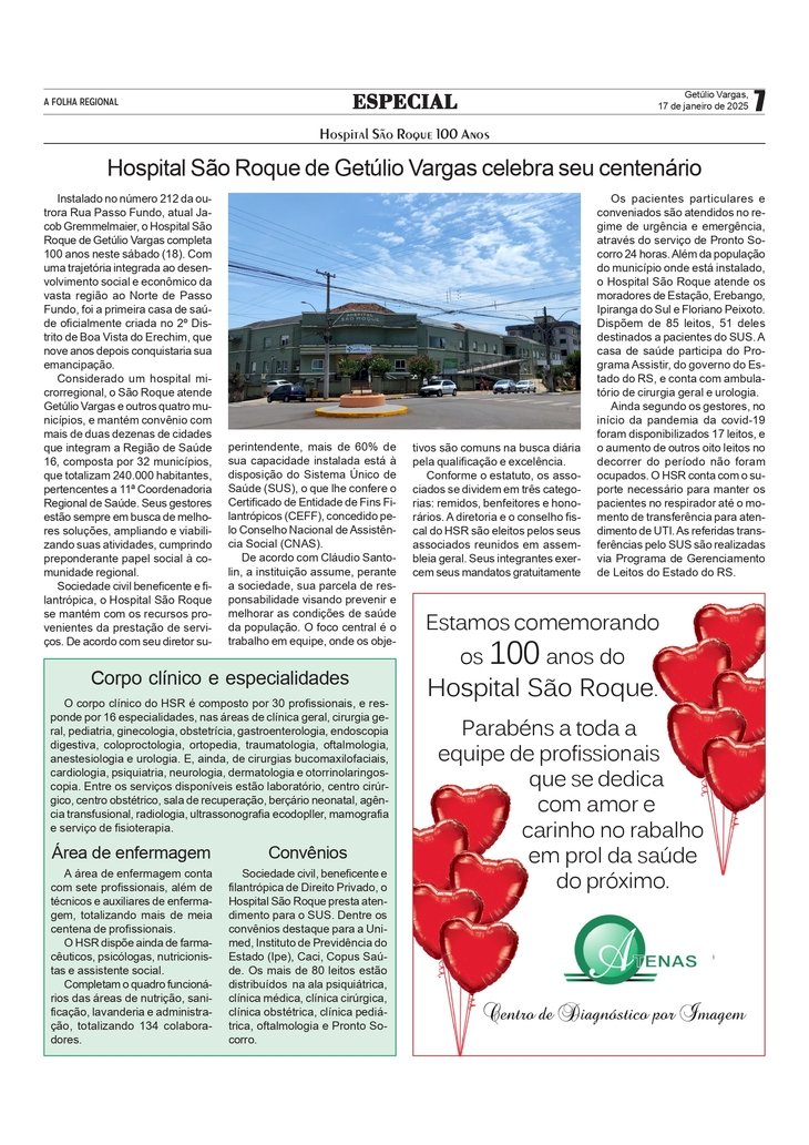 Hospital São Roque de Getúlio Vargas celebra seu centenário /  Mensagem da ATENAS - Centro de Diagnóstico por Imagem.