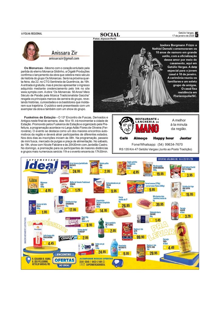 Social – por Anissara Zir / Edição de 17 de janeiro de 2025. Ofertas de final de semana do Supermercado IDEAL.