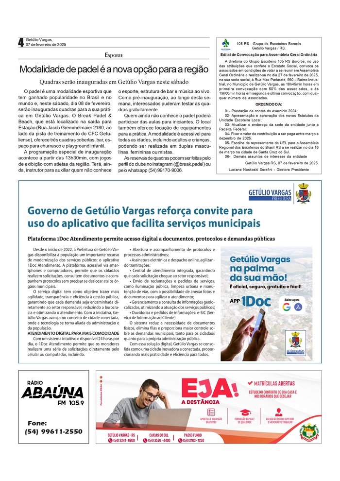 Padel é nova opção / Informativo do Município de Getúlio Vargas