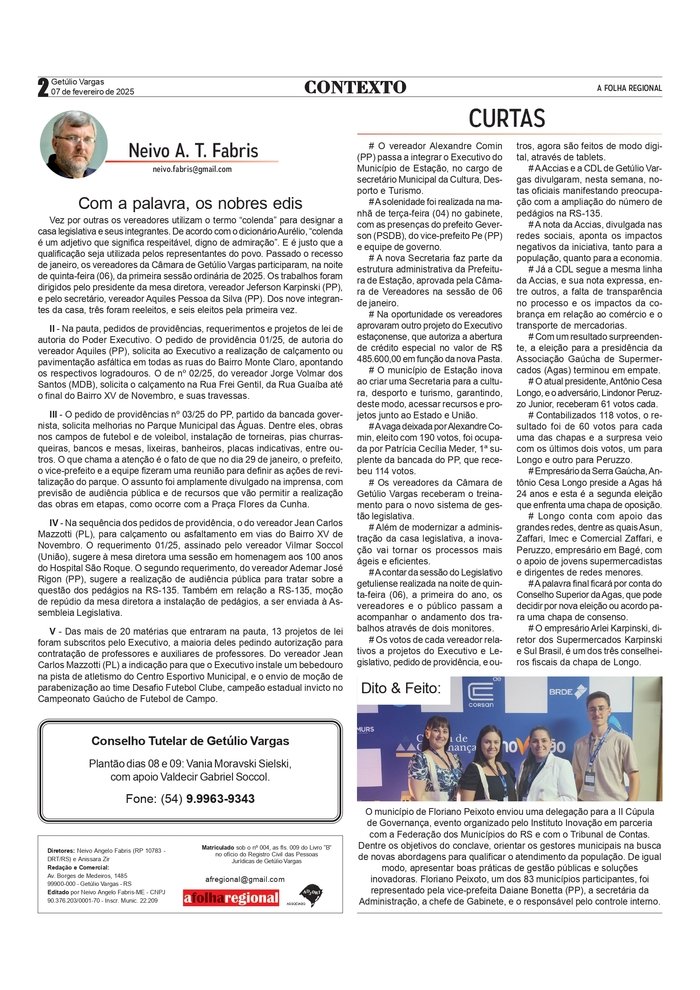 Com a palavra os vereadores – Contexto, por Neivo A T Fabris / Edição de 07/02/2025.