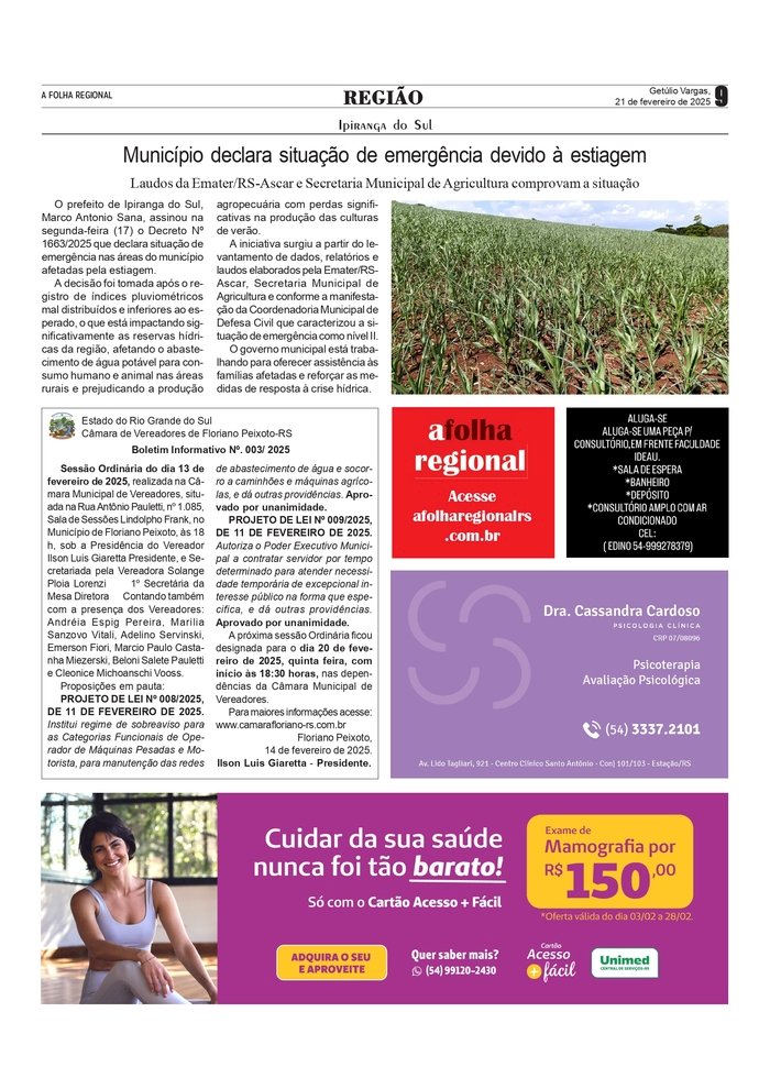 Município de Ipiranga do Sul declara situação de emergência devido à estiagem