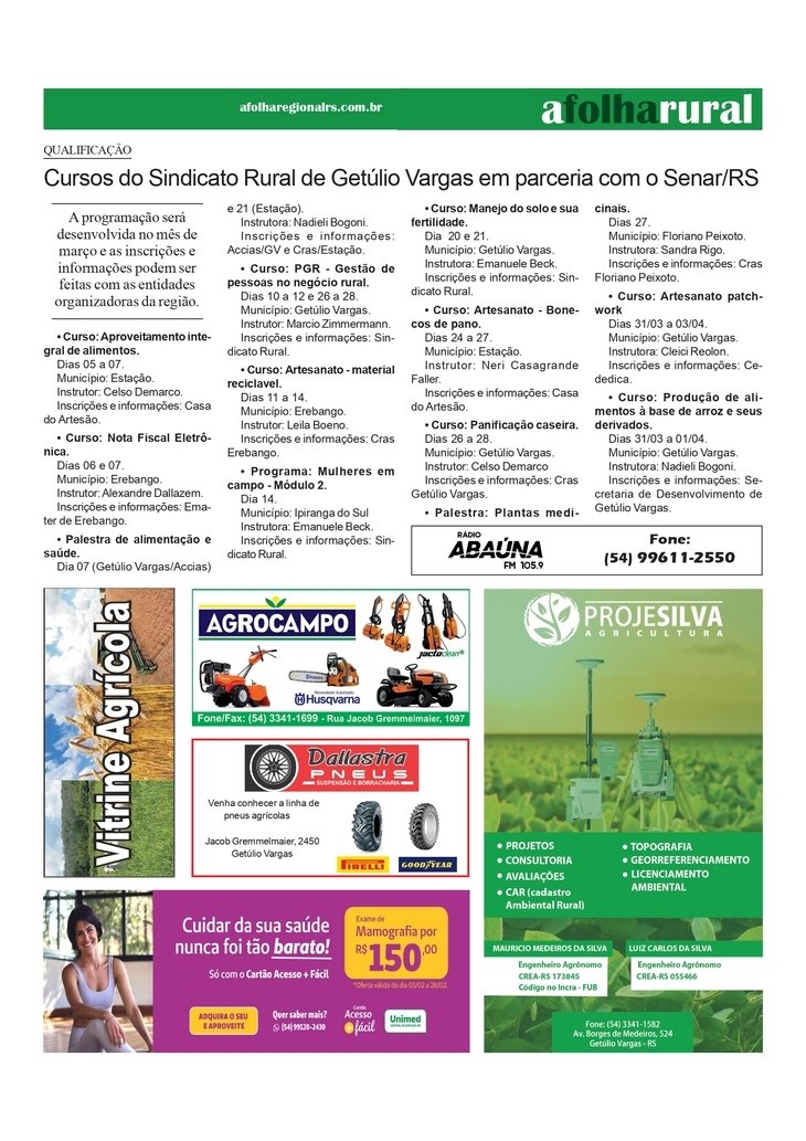A FOLHA RURAL - Expodireto Cotrijal 2025 /  Cursos do Sindicato Rural e Senar em março