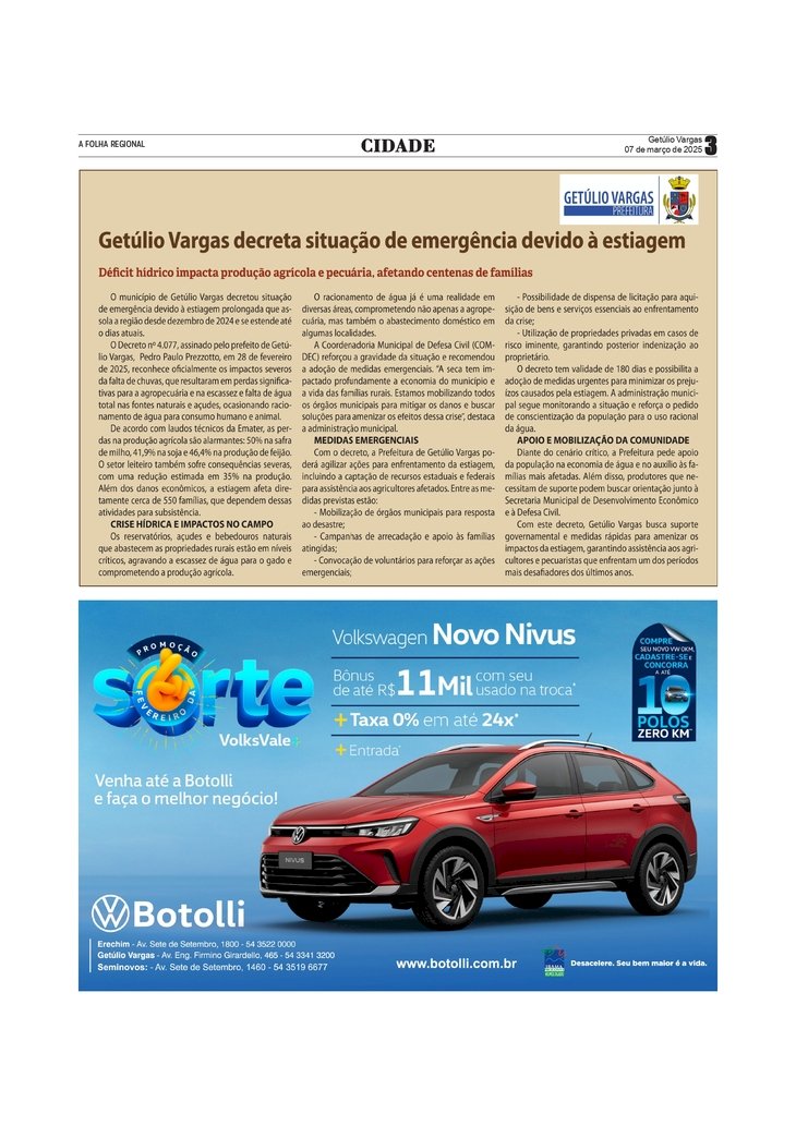 Getúlio Vargas decreta situação de emergência devido à estiagem
