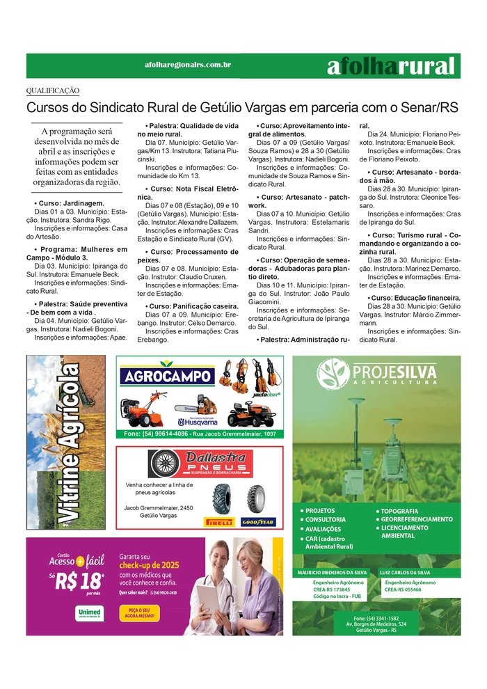 A Folha Rural – 3º Feira Multissetorial em Erebango / Cursos do Sindicato Rural em abril