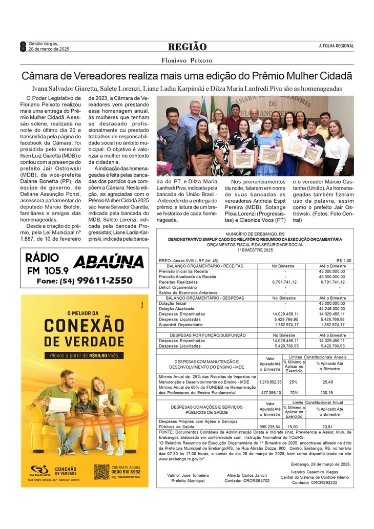 Câmara de Vereadores de FlorianoPeixoto realiza mais uma edição do Prêmio Mulher Cidadã