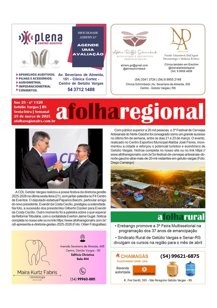 A FOLHA REGIONAL. ANO 25, Nº 1.320. Getúlio Vargas RS, 28 de março de 2025.