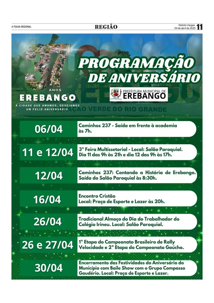 Erebango 37 Anos - Programação de aniversário inicia no domingo (06)