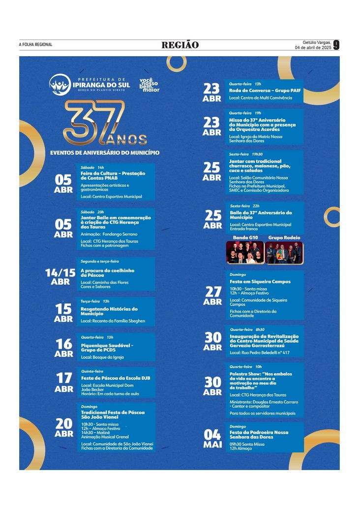 Ipiranga do Sul celebra 37 anos com programação especial